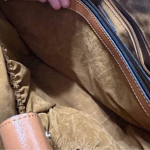 Adeline Cognac Tan Brown Gold Tooled Cutout Leather Satchel shoulder tote bag - Picture 10 of 16